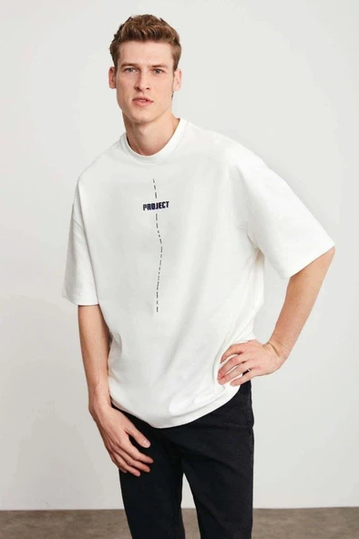 Unisex Baskılı Oversize T-Shirt - Beyaz - 3