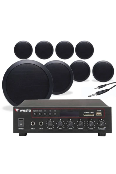 8’li Siyah Tavan Hoparlorlu 100V Ses Sistemi Paketi | Kafe, Mağaza ve Ofis Müzik Sistemi ürün görseli 1