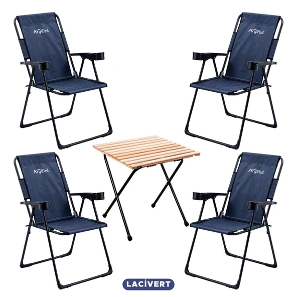 4 Adet Katlanır Kamp Sandalyesi ve Masa Seti - Rest - Lacivert - 130 KG Taşıma