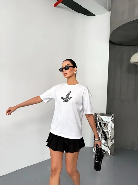 Kısa Kol Baskılı T-shirt - Beyaz - 4