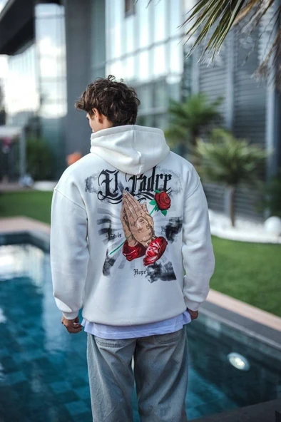 Üç İplik Penye Kapşonlu Baskılı SweatShirt - Beyaz - 2