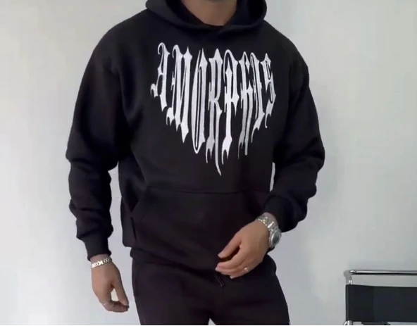 Uzun Kol Kapşonlu Baskılı SweatShirt - Siyah - 2