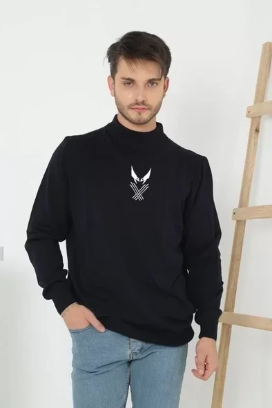 Unisex Yarım Boğazlı Baskılı Dokuma Triko - Siyah ürün görseli