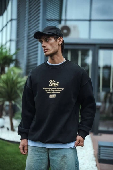 Kışlık Bisiklet Yaka Ön Ve Arka Baskılı SweatShirt - Siyah - 2