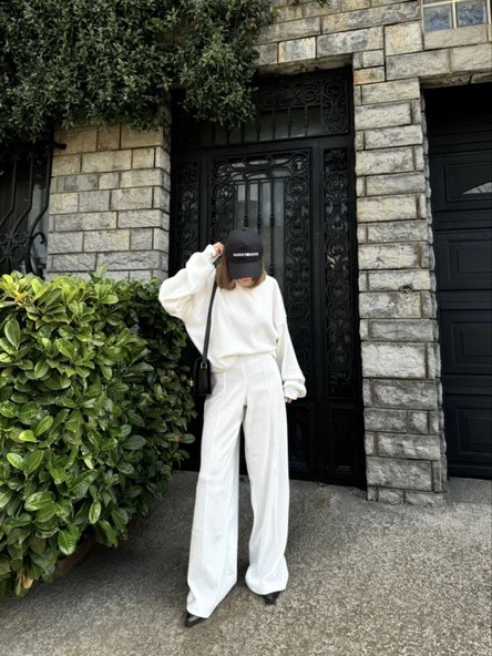 Crop, Pantolon Fitilli İkili Takım -Beyaz - 2