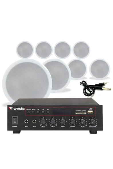 8’li Beyaz Tavan Hoparlorlu 100V Ses Sistemi Paketi | Kafe, Mağaza ve Ofis Müzik Sistemi ürün görseli