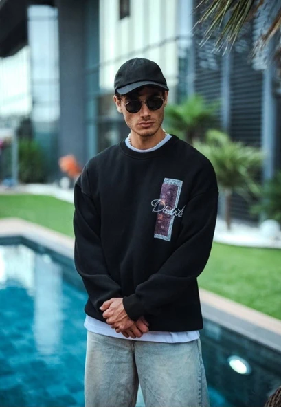 Uzun Kol Bisiklet Yaka Ön Ve Arka Baskılı SweatShirt - Siyah - 4