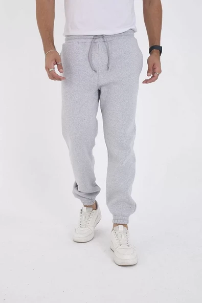 Unisex Kışlık Üç İplik Lastikli Eşofman Pantolon - Gri - 5