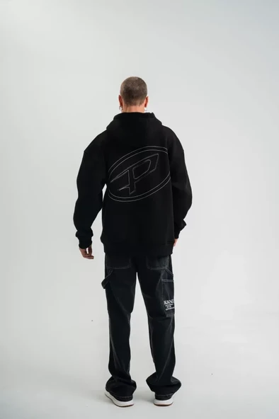 Unisex Üç İplik Kapşonlu Nakışlı SweatShirt - Siyah - Resim 6