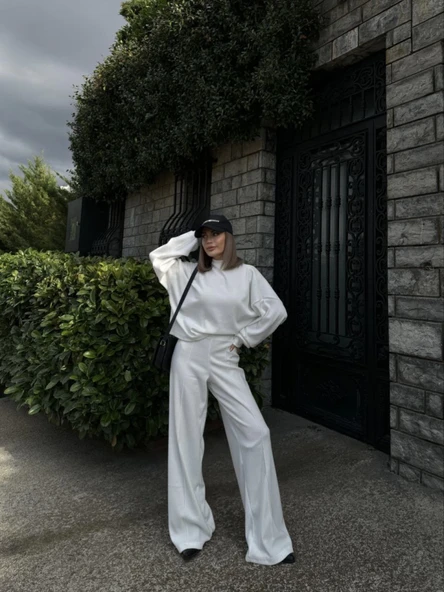 Crop, Pantolon Fitilli İkili Takım -Beyaz - 4