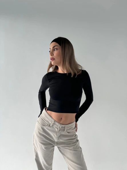 Sırt Dekoltelı Uzun Kollu Crop - Siyah - 2