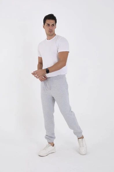 Unisex Kışlık Üç İplik Lastikli Eşofman Pantolon - Gri - 4