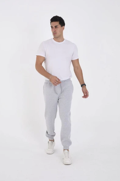 Unisex Kışlık Üç İplik Lastikli Eşofman Pantolon - Gri - 1