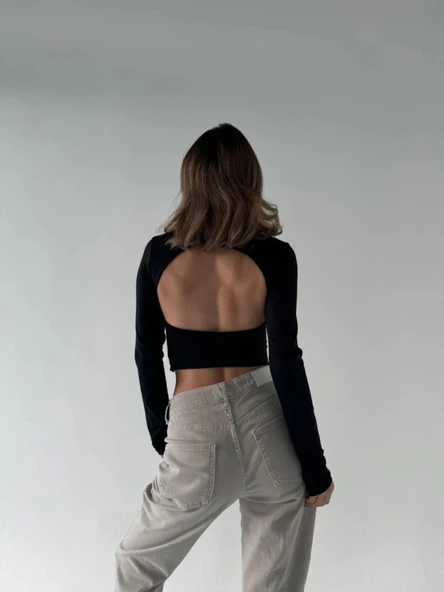 Sırt Dekoltelı Uzun Kollu Crop - Siyah - 3