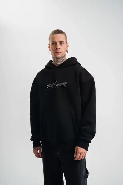 Unisex Üç İplik Kapşonlu Nakışlı SweatShirt - Siyah ürün görseli