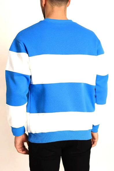 Parçalı Bisiklet Yaka Baskılı SweatShirt - Mavi - 2