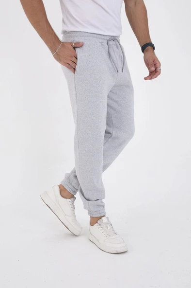 Unisex Kışlık Üç İplik Lastikli Eşofman Pantolon - Gri - 2
