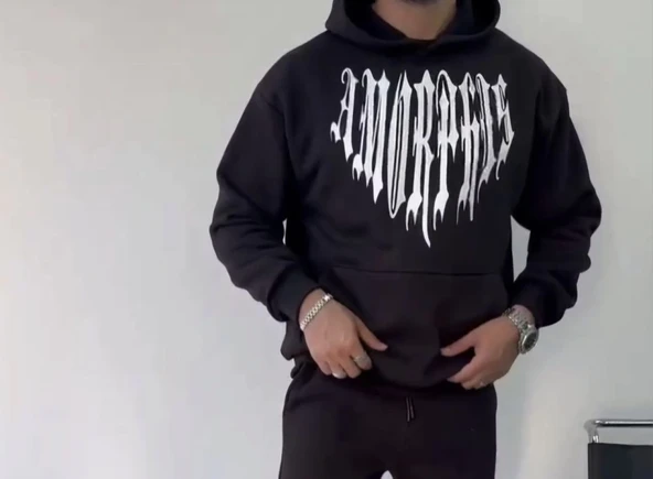 Uzun Kol Kapşonlu Baskılı SweatShirt - Siyah - 3