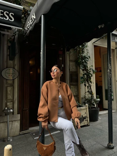 Kaşe Kaşmir Fermuarlı CEKET - Kahve - 3