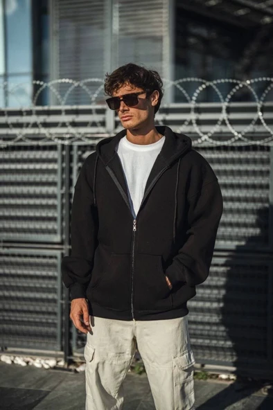 Oversize Tam Fermuarlı Uzun Kol Hırka - Siyah - 2