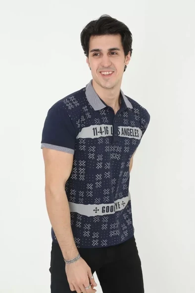 Erkek Yakalı Slim Fit Baskılı T-Shirt - Lacivert - Resim 2