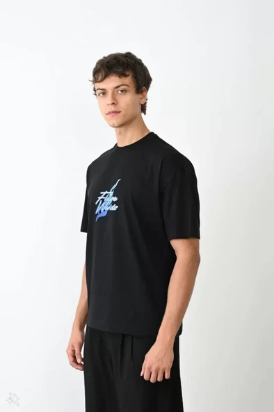 Unisex Bisiklet Yaka Baskılı Oversize T-Shirt - Siyah - Resim 3