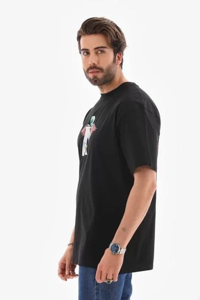 Unisex Bisiklet Yaka Baskılı Oversize T-Shirt - Siyah - Resim 2