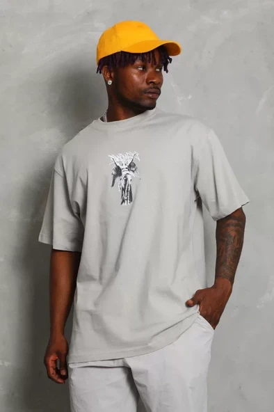 Unisex Oversize Baskılı Bisiklet Yaka T-Shirt - Gri ürün görseli 1