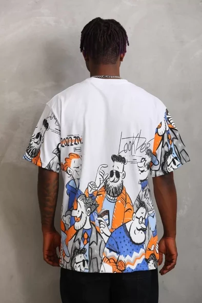 Unisex Oversize Baskılı Bisiklet Yaka T-Shirt - Beyaz - Resim 2