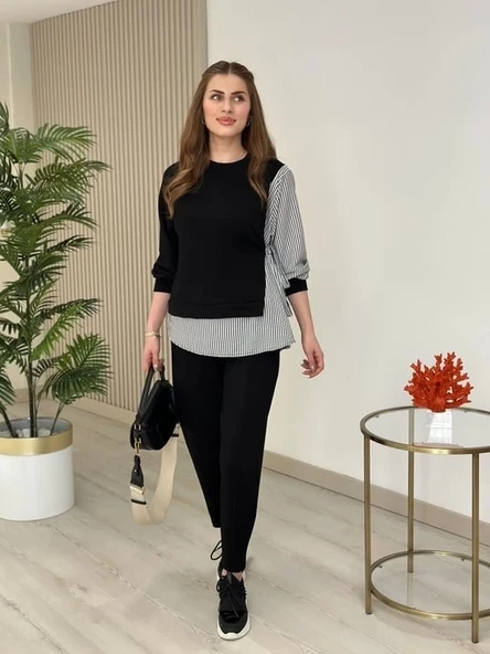 Kadın Gömlek Detay çizgili Yandan Bağlamalı Ikili Takım - Resim 6