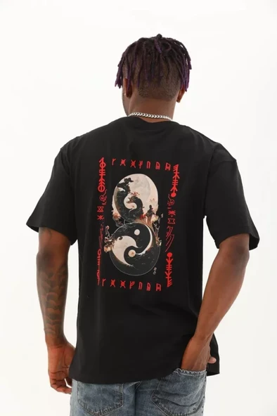 Unisex Oversize Baskılı Bisiklet Yaka T-Shirt - Siyah - Resim 4