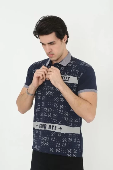 Erkek Yakalı Slim Fit Baskılı T-Shirt - Lacivert ürün görseli 1