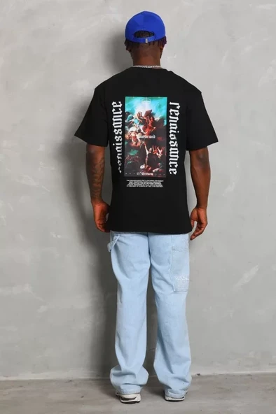 Unisex Oversize Baskılı Bisiklet Yaka T-Shirt - Siyah - Resim 4