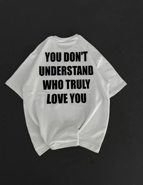 Unisex Bisiklet Yaka Baskılı Oversize T-Shirt - Beyaz - Resim 2