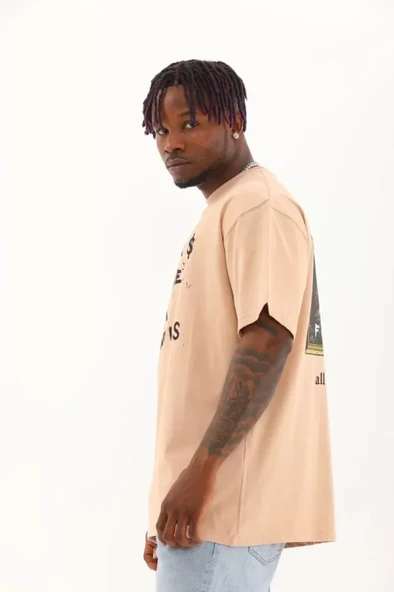 Unisex Oversize Baskılı Bisiklet Yaka T-Shirt - Bej - 7