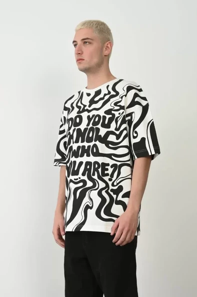 Unisex Baskılı Bisiklet Yaka Oversize T-Shirt - Beyaz ürün görseli 1