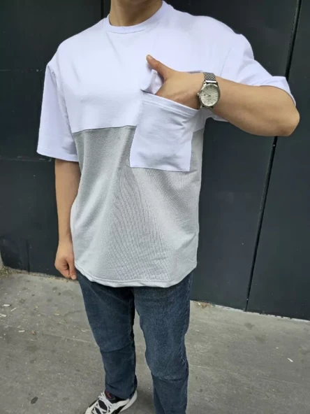 Unisex Torba Cep Detaylı Parçalı T-Shirt - Gri - 4