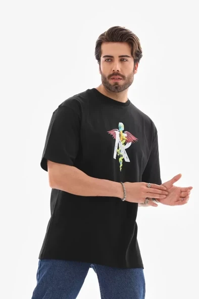 Unisex Bisiklet Yaka Baskılı Oversize T-Shirt - Siyah ürün görseli 1