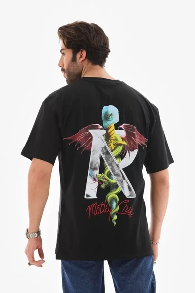 Unisex Bisiklet Yaka Baskılı Oversize T-Shirt - Siyah - Resim 4