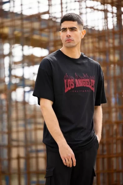 Unisex Bisiklet Yaka Baskılı Oversize T-Shirt - Siyah - Resim 4