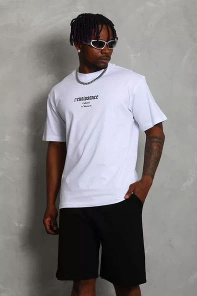 Unisex Oversize Baskılı Bisiklet Yaka T-Shirt - Beyaz - 3