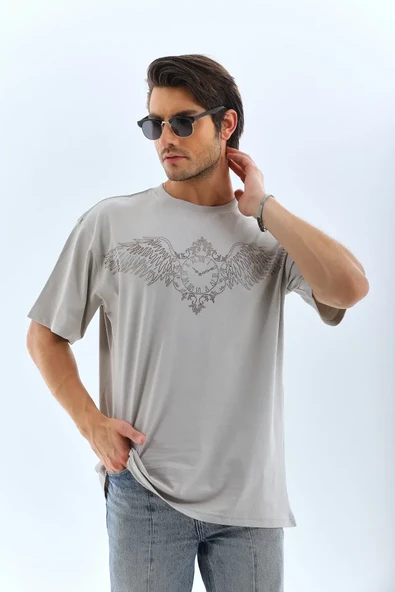 Unisex Oversize Taşlı Bisiklet Yaka T-Shirt - Gri - Resim 3