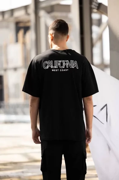 Unisex Bisiklet Yaka Baskılı Oversize T-Shirt - Siyah - 2