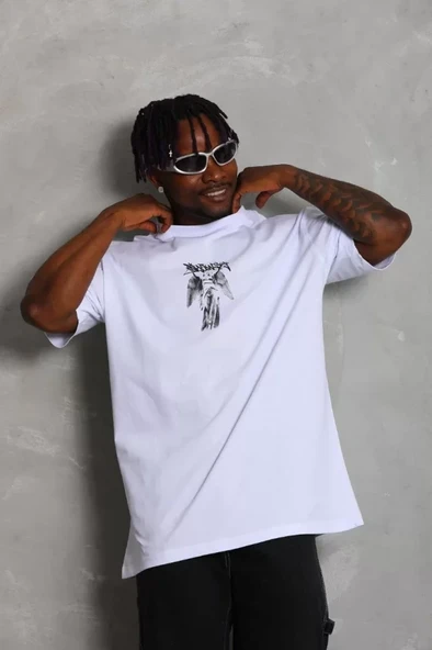 Unisex Oversize Baskılı Bisiklet Yaka T-Shirt - Beyaz ürün görseli 1