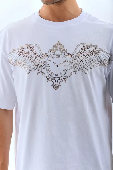 Unisex Oversize Taşlı Bisiklet Yaka T-Shirt - Beyaz ürün görseli 1