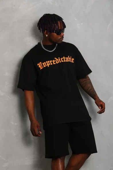 Unisex Oversize Baskılı Bisiklet Yaka T-Shirt - Siyah - 2
