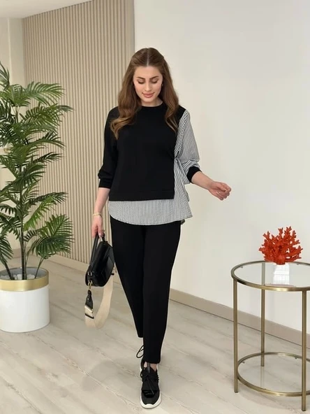 Kadın Gömlek Detay çizgili Yandan Bağlamalı Ikili Takım - Resim 7