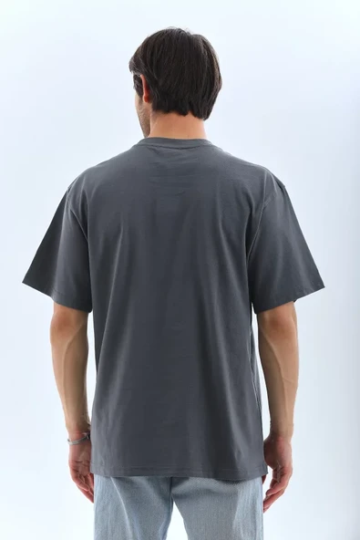 Unisex Oversize Taşlı Bisiklet Yaka T-Shirt - Füme - Resim 2