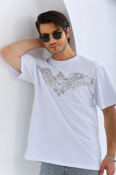 Unisex Oversize Taşlı Bisiklet Yaka T-Shirt - Beyaz - Resim 3