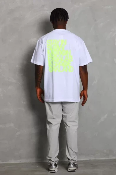 Unisex Oversize Baskılı Bisiklet Yaka T-Shirt - Beyaz - Resim 4